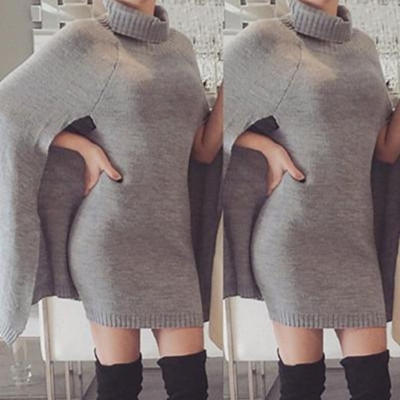 DRESS MINI SWEATER GRAY CAPE SWEATER DRESS - Picture 2 of 3